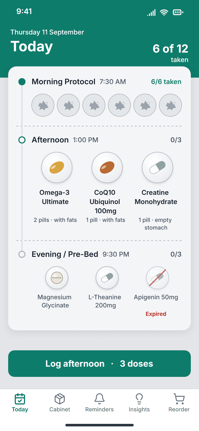 BioSync redesign: Today as a blister card on a vertical time axis; the six morning doses are emptied cavities, three afternoon doses sit in clear domes with their names beneath, the evening Apigenin dome is struck through as expired, and one button logs the afternoon