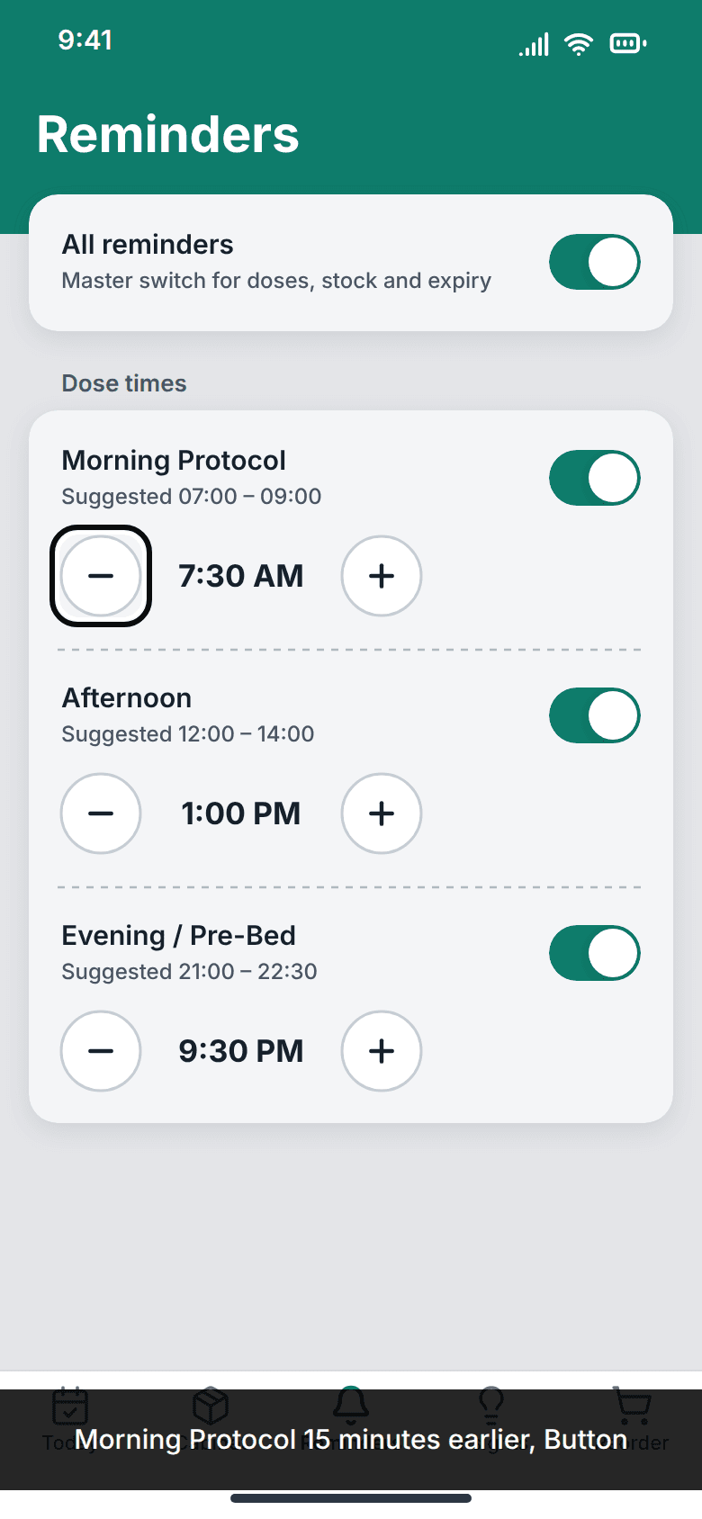 BioSync redesign: reminder times for Morning Protocol, Afternoon and Evening / Pre-Bed with 44-point earlier and later buttons; VoiceOver focuses the Morning Protocol earlier button and its caption panel reads the full label