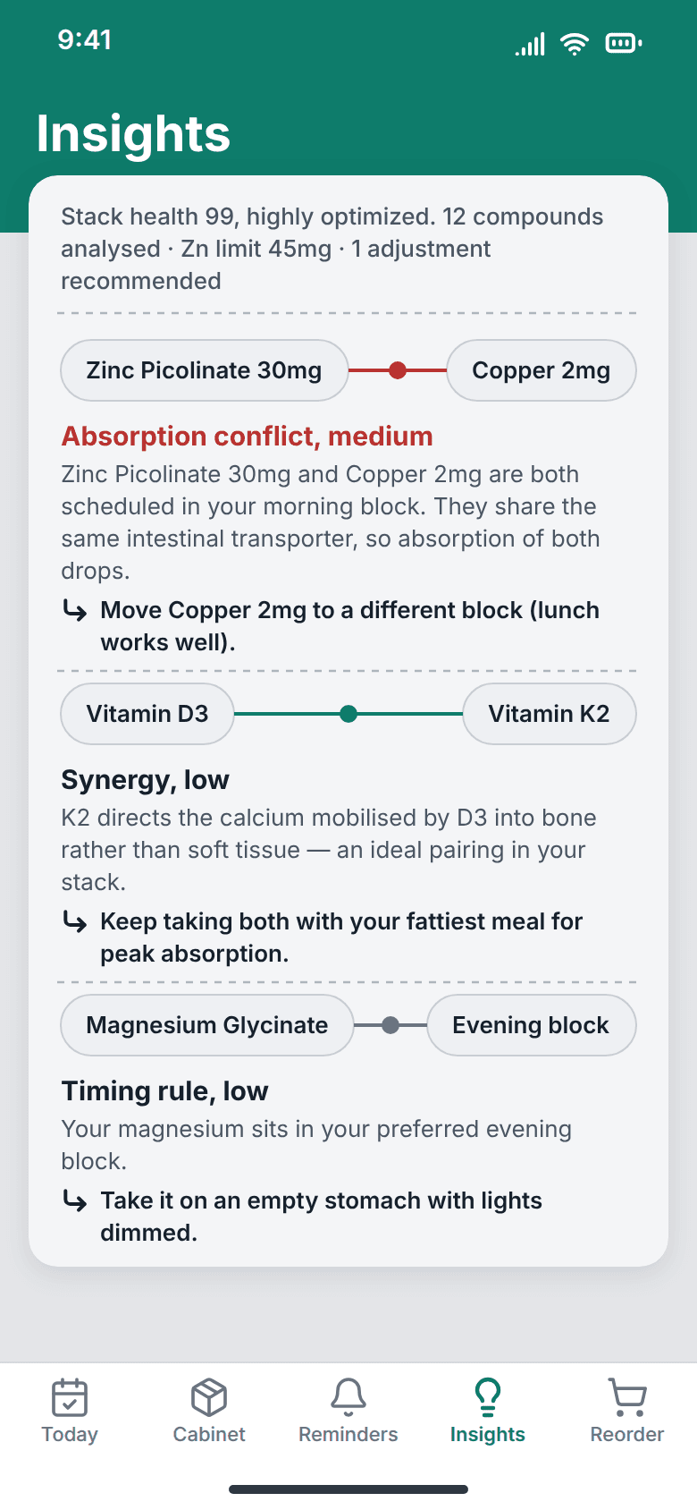 BioSync redesign: interaction findings drawn as joined pairs (Zinc Picolinate and Copper as an absorption conflict, Vitamin D3 and K2 as a synergy, Magnesium Glycinate and its evening block as a timing rule) under a note that everything is evaluated on the device