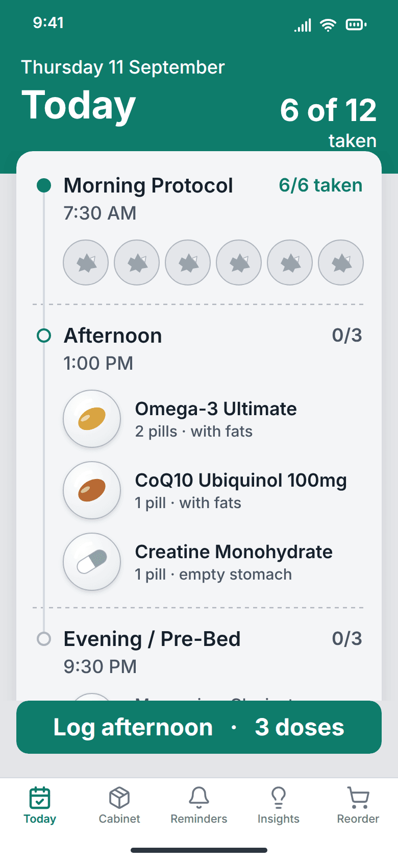BioSync redesign: Today at the 135% text size, where the dose grid becomes a list and block times drop to their own line while the dose targets keep their size