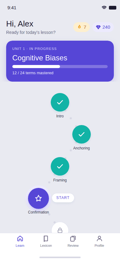 Lepsychon learn path screen showing unit progress and a lesson path