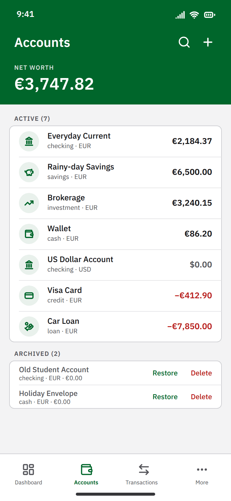 Monaze redesign, native app proposal: a phone screen with a green header carrying net worth €3,747.82, seven accounts each with an icon, its raw lowercase type and its balance, including an empty US Dollar Account, and an archived section holding two empty accounts that offer Restore and Delete
