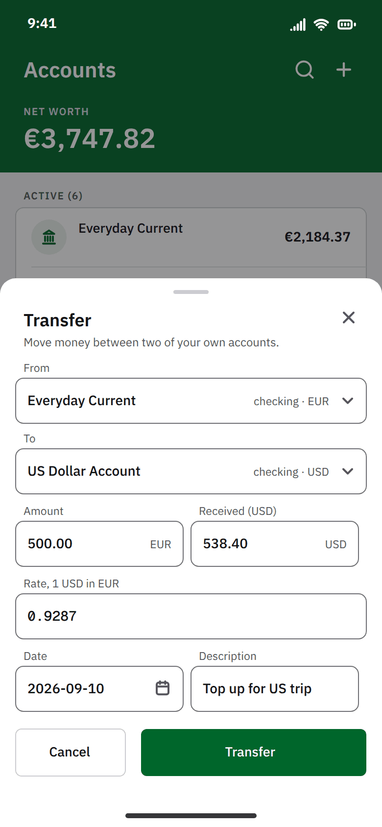 Monaze redesign, native app proposal: a transfer sheet over the dimmed accounts screen, moving money from Everyday Current in euro to a US Dollar Account, with amount 500.00 EUR and received 538.40 USD as two separate fields, rate 1 USD in EUR 0.9287, and a date and description
