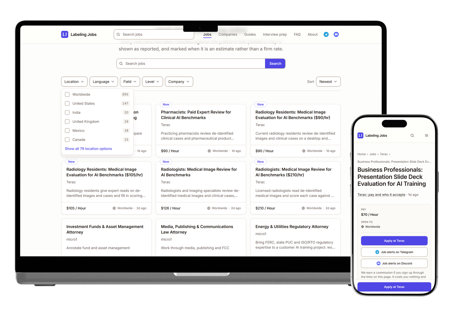 Labeling Jobs on a MacBook, with the location filter open, and on an iPhone, open on a job page