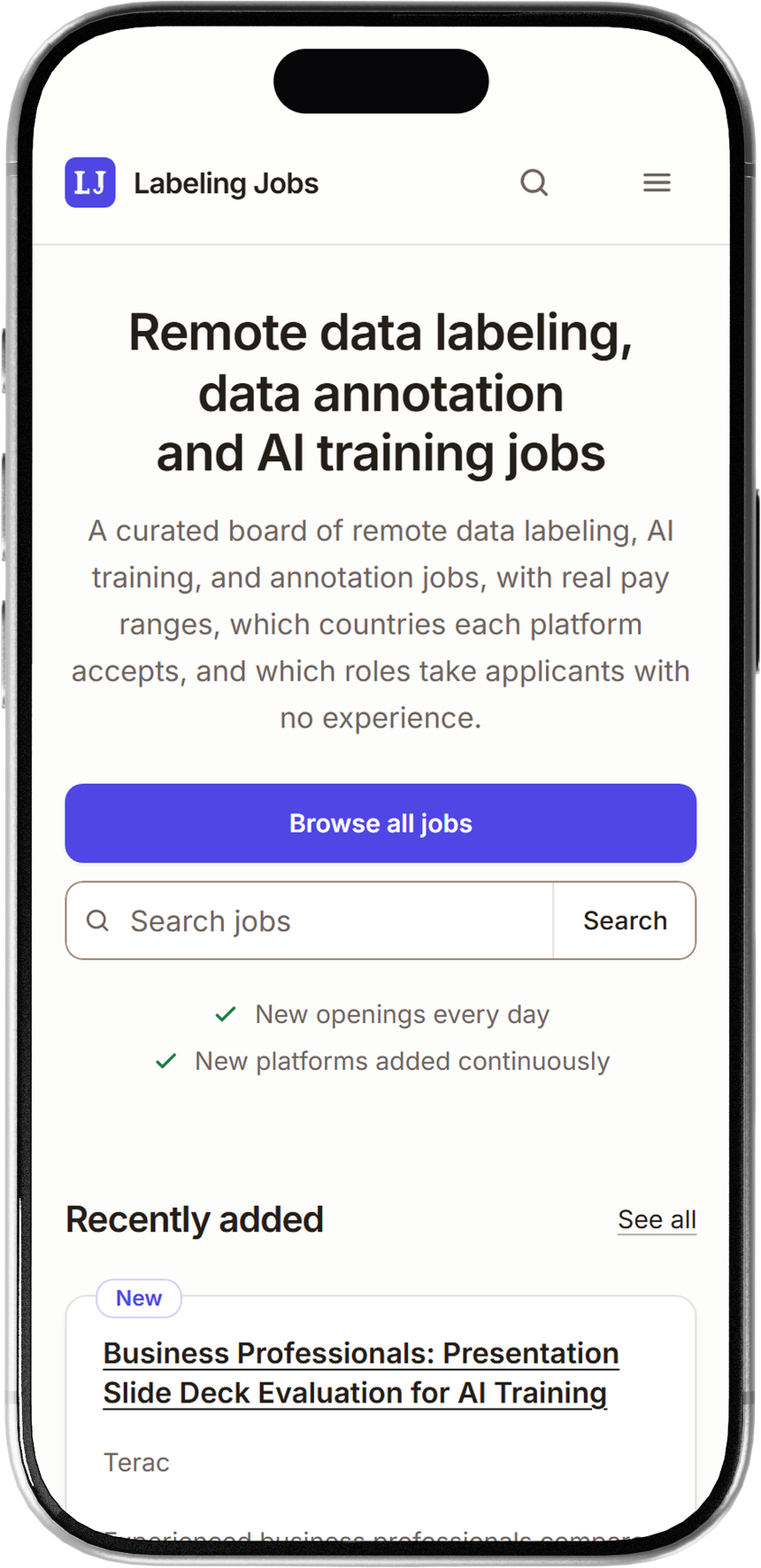 Labeling Jobs home page on a phone