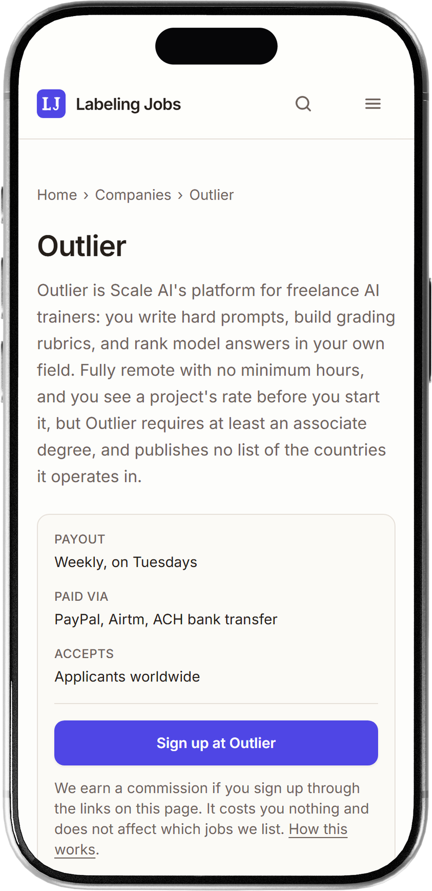 The Outlier company page on Labeling Jobs on a phone, with payout, payment methods and accepted countries