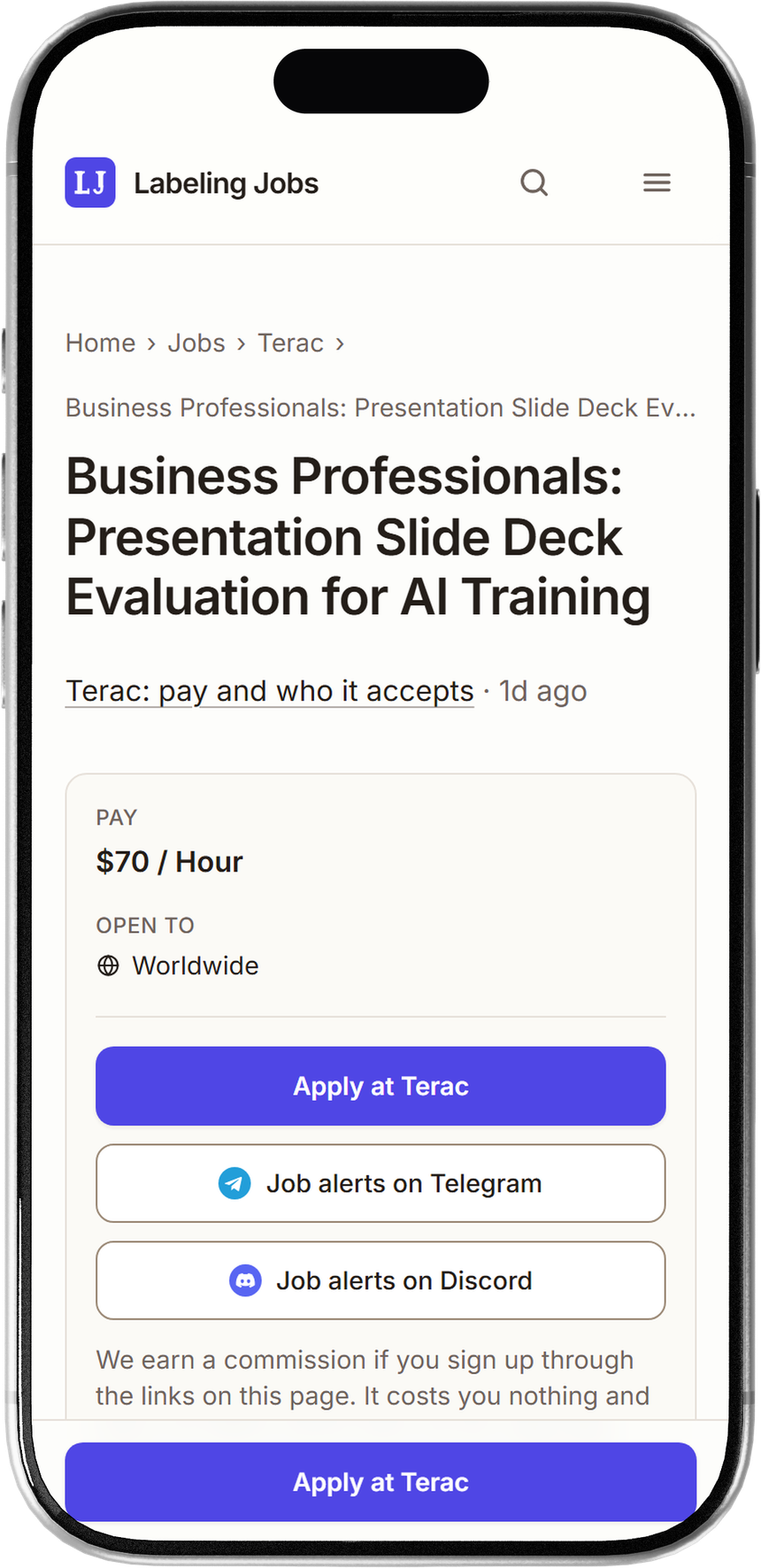 A Labeling Jobs job page on a phone showing pay, eligibility and a sticky apply button