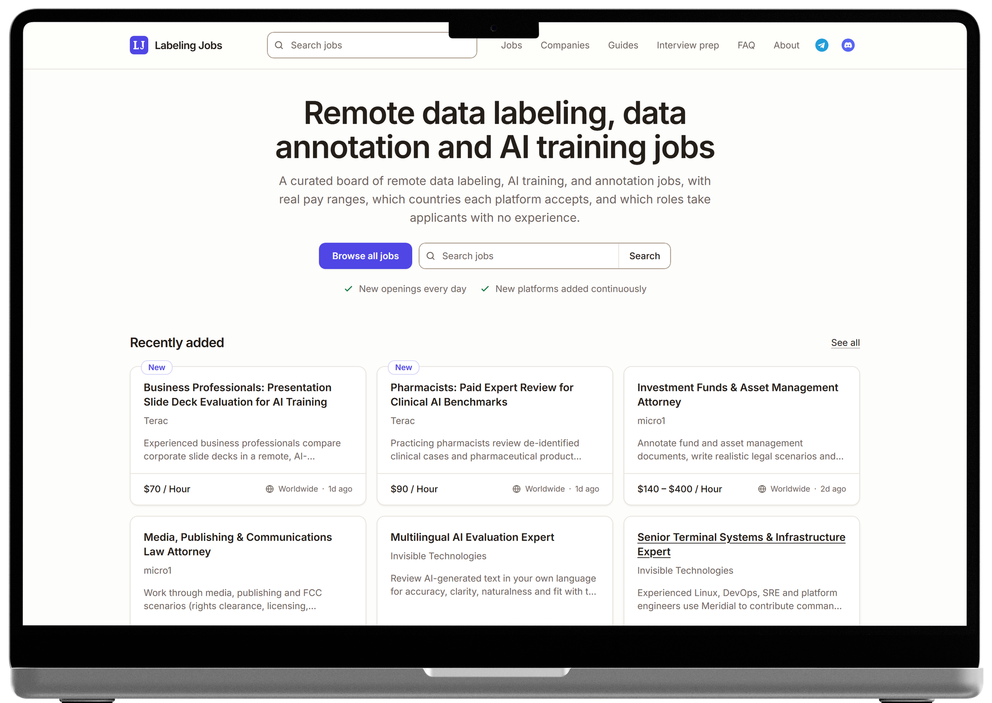 Labeling Jobs home page on desktop: the headline, a search field and the most recently added roles