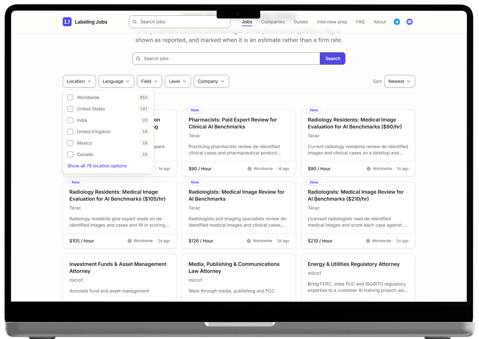 Labeling Jobs listing with the Location dropdown open, showing checkbox rows with role counts per country