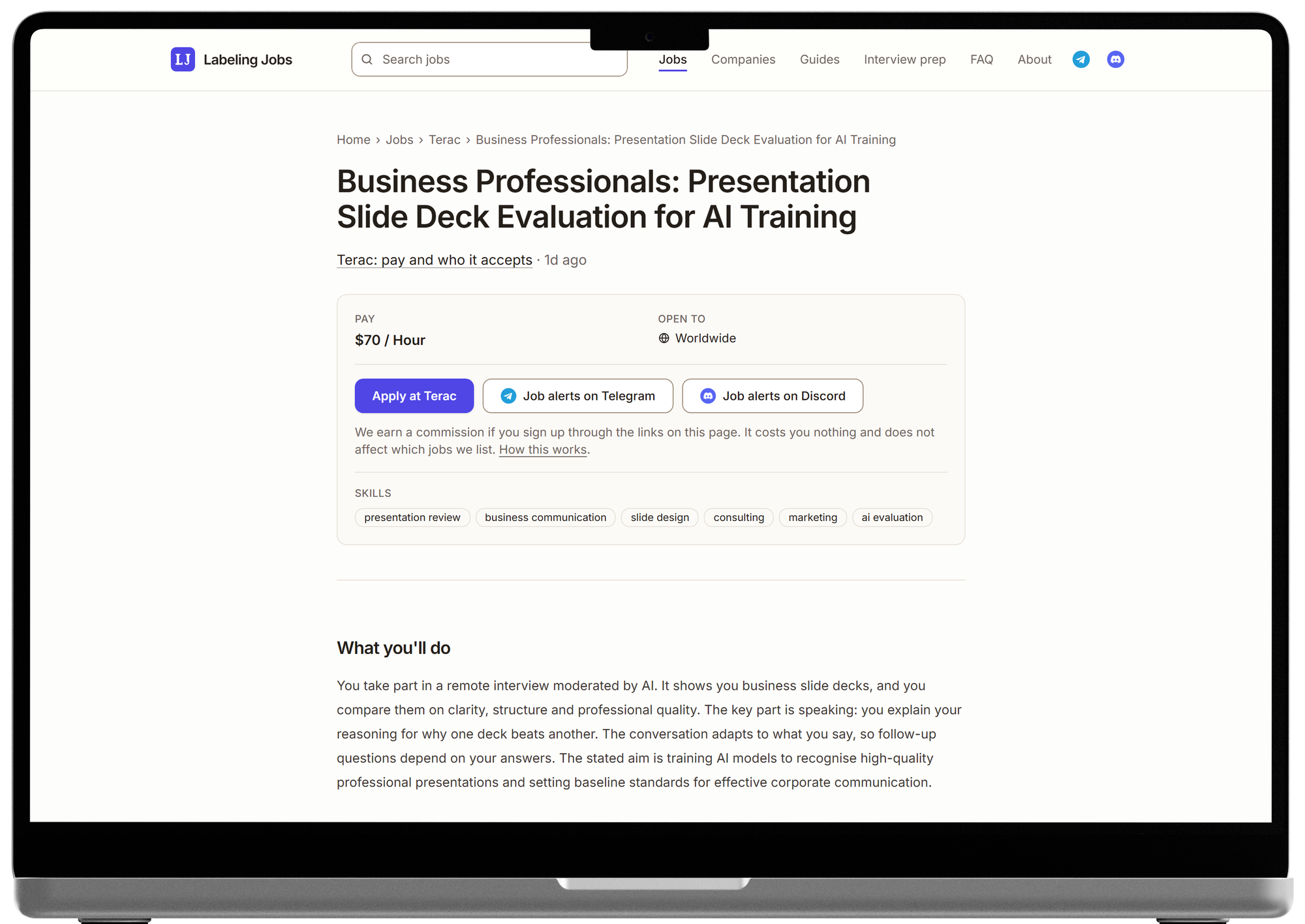 A Labeling Jobs job page on desktop with pay, eligibility and the apply button above the description