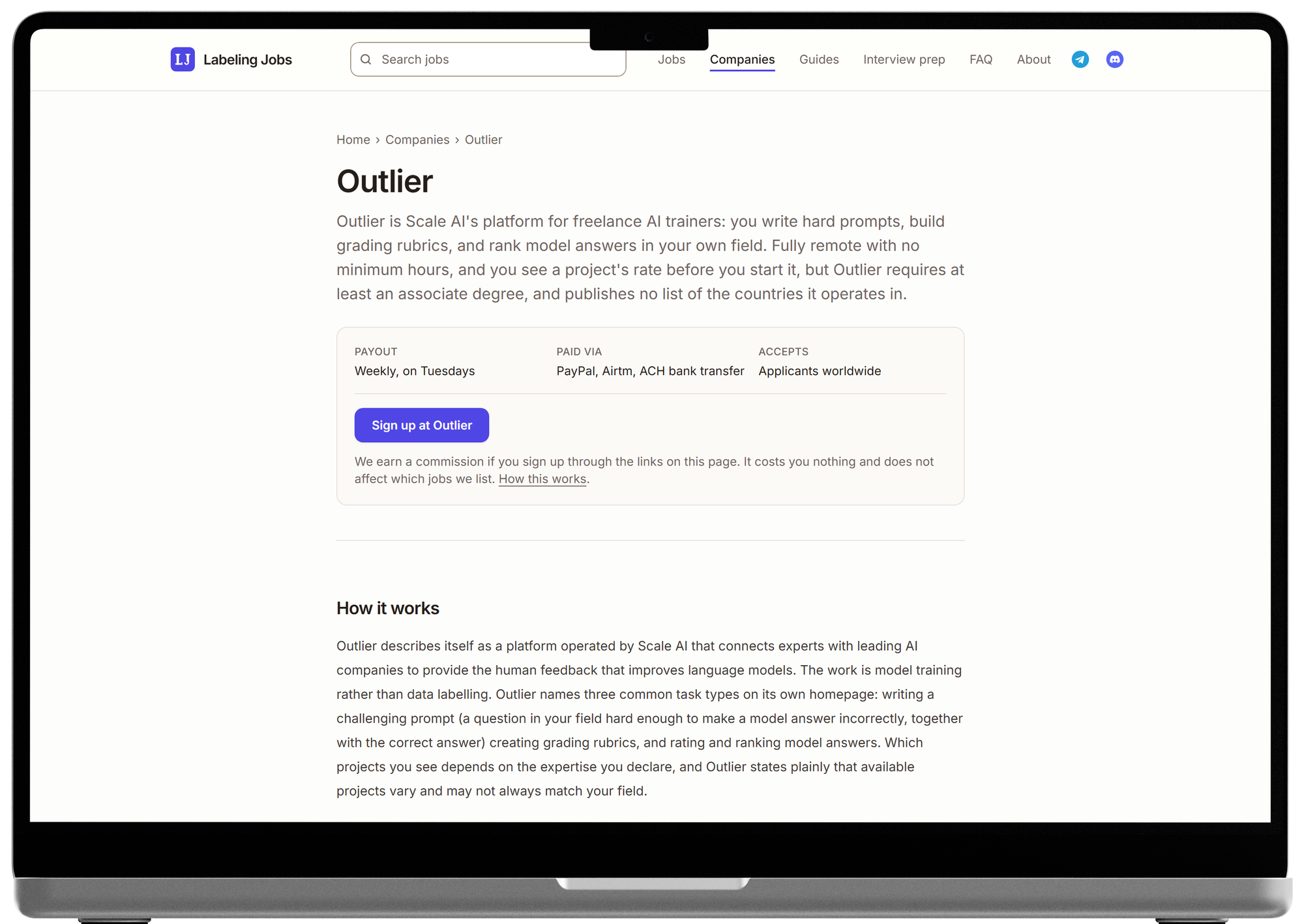 The Outlier company page on Labeling Jobs, with payout schedule, payment methods and accepted countries